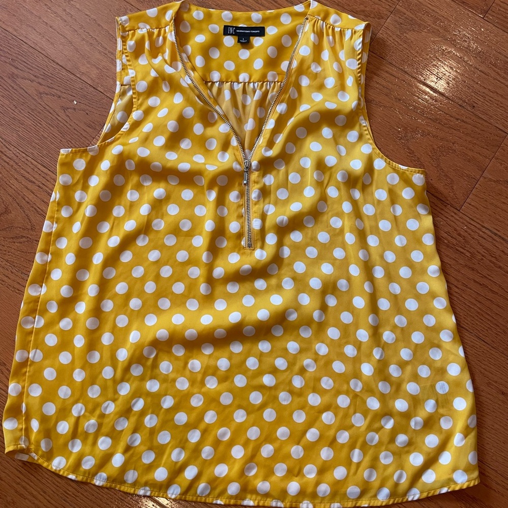 INC International Concepts Yellow Polka Dot Sleeveless Blouse Top Size L